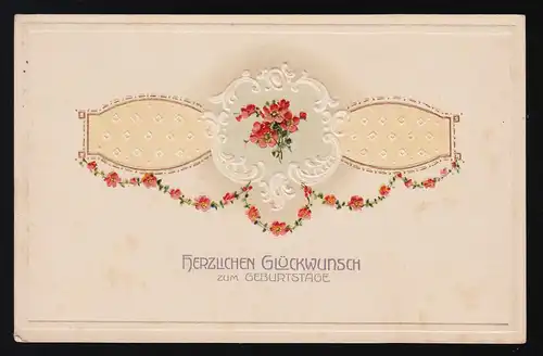 Strauß Roter Mohn weiß Ornament Floral Glückwunsch Geburtstag, Berlin 26.11.1912