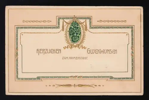 Glücksklee Schmuck gold grün Ornamente, Glückwunsch Namenstag, München 25.7.1910