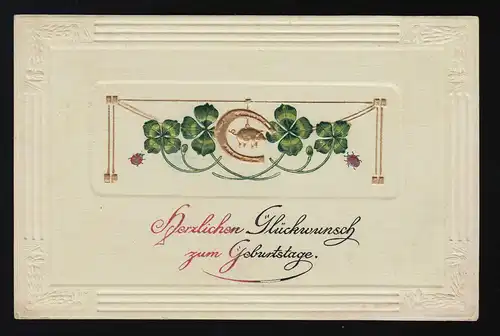 Schweinchen Hufeisen Marienkäfer Klee Glückwunsch Geburtstag, Bremen 10.7.1911