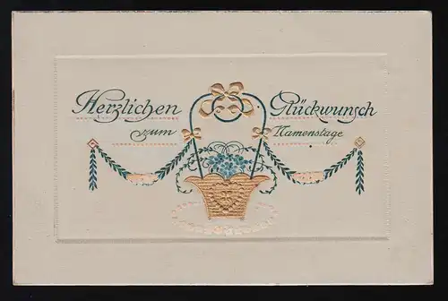 Gold Korb Blumen Herz Klee Glückwunsch Namenstag Augsburg /Mödishofen 2.7.1908