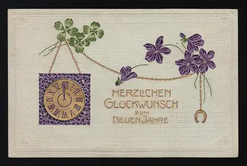 Gold Uhr Veilchen Klee Hufeisen, Glückwunsch Neujahr, Lippspringe 31.12.1910