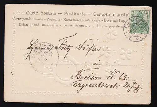 Viel Glück Siegel Glücksklee Prägebordüre grüner Rand, Gnesen 19.11.1901