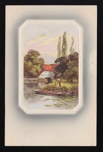 Szene am Fluss Gemälde Boot Mann Schiffer Bauer, Schweiz Trey (Vaud)  27.1.1911