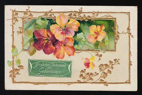 Floraler Rahmen Blumen Gold Jugendstil Glückwunsch Geburtstag, gel. 8.11.1917