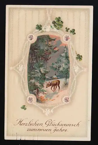 Reh assaisonné dans la forêt neige cadre décoré Félicitations Nouvel An Erfurt 31.12.1915