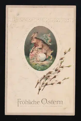 Hase versteckt Ei, Weidenkätzchen Fröhliche Ostern, Hannover /Hainholz 23.3.1918
