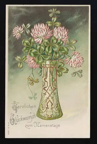 grüne Vase Goldverziert Jugendstil Klee, Glückwunsch Namenstag München 14.9.1901