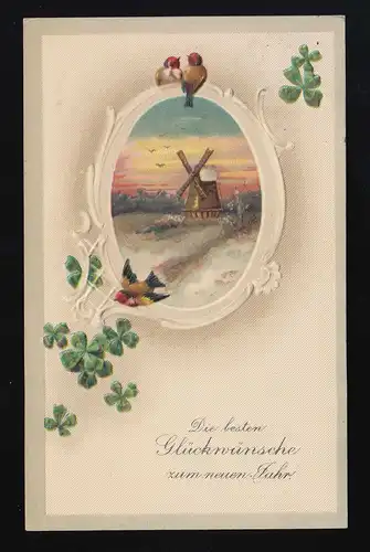 Windmühle Medaillon Rotkehlchen Klee Glückwünsche Neujahr, Cassel 29.12.1911