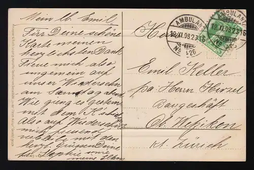 Frau mit Hut Natur Kunst Gemälde, Schweiz Ambulant (Bahnpost) Nr. 26, 19.11.1908