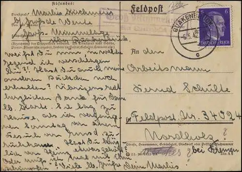 Le temple de la poste terrestre Grand Mimmelage via QuakenBRück 6.5.42 à Feldpost 34024