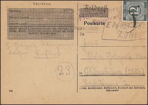 Heimkehrerpost 1946: EF auf PK Übergangslager ERFURT 13.9.1946 nach Oldenburg