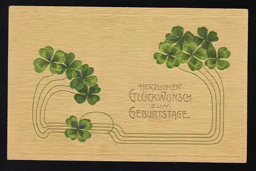 Kleeblätter verbunden grüne Ornamente, Glückwunsch Geburtstag Grimma, 10.2.1908