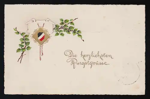 Die herzlichsten Pfingstgrüsse, Wappen auf goldenem Grund Laub, Erfurt 10.6.1916