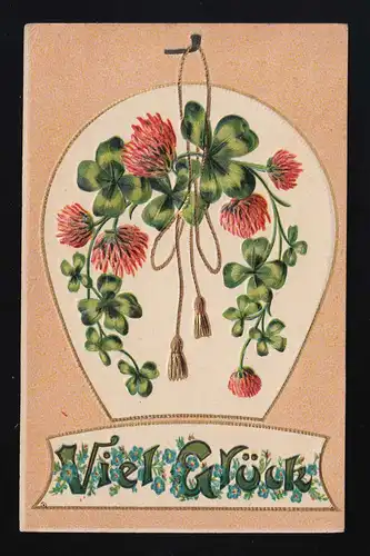"Viel Glück" Klee mit roten Blüten Anhänger gold Kordel, Sulzbach 14.12.1907