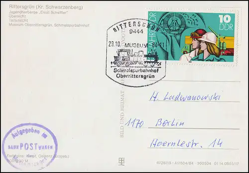 Aufgegeben im BAHNPOSTWAGEN des Museumszuges AK passender SSt Rittersgrün 1984