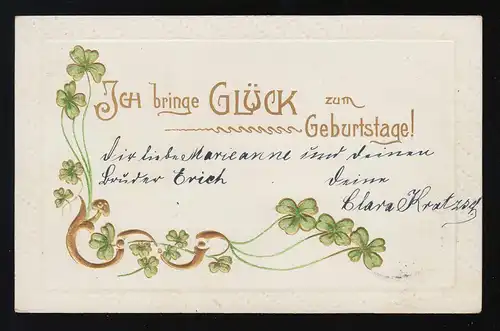"Ich bringe Glück zum Geburtstage!" Goldschrift Glücksklee Pilze,  Gera 1.7.1907
