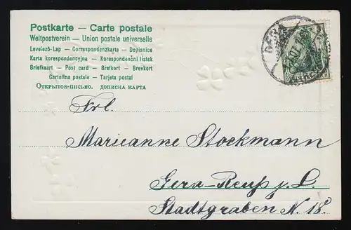 "Je porte chance à l'anniversaire!" Goldschrift Glücksklee champignons, Gera 1.7.1907