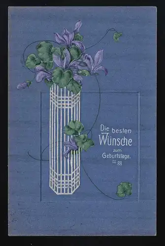 Bouqet de violette sur colonne blanche de grille fond bleu, anniversaire, citou 5.4.1910