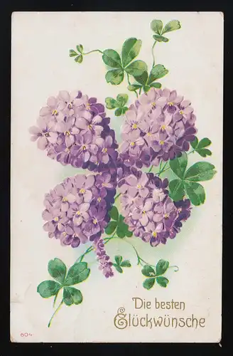 Lilas fleurs violet avec trèfle, Les meilleures félicitations, Velpe 14.7.1914