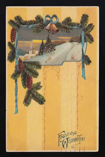 Winter Dorf Schnee Abendrot Zapfen, Fröhliche Weihnachten! Berlin 24.12.1924