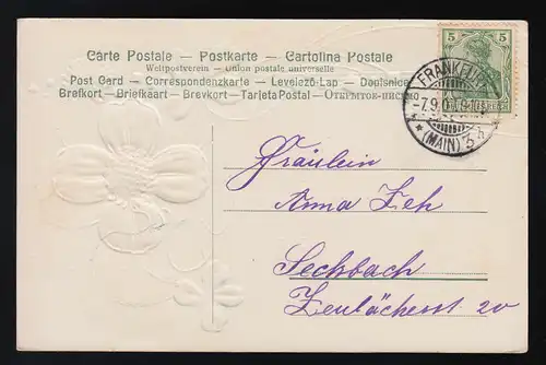 Gold Klee avec des fleurs Félicitations anniversaire, Francfort Seckbach 7.9.1907