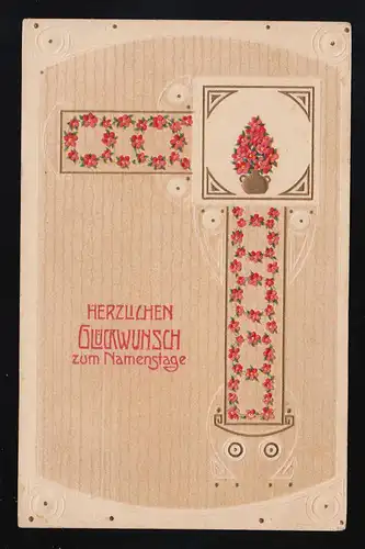 Glückwunsch Namenstag Grafische Ornamente rote Blüten Säule Regensburg 18.3.1911