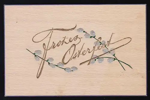 Joyeux Pâques chaton stylisé en argent, ornement en bois, Emden 5.4.1912