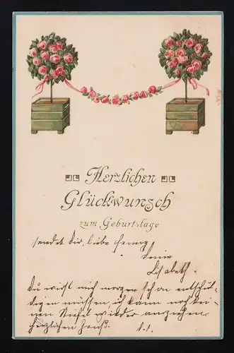 2 Baumes roses avec guirlande, Félicitations pour l'anniversaire, Village du château 8.9.1906