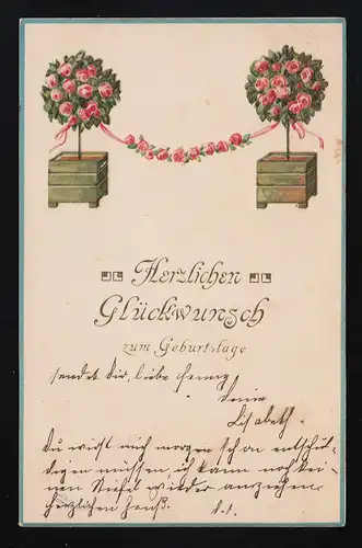 2 Rosenbäumchen mit Girlande, Glückwunsch zum Geburtstag, Burgdorf 8.9.1906 