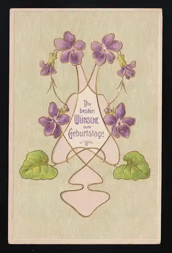 Ornements dorés formes organiques violettes, vœux d'anniversaire, Elze 13.7.1912
