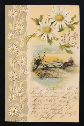 Margeriten sur fond jaune pâle pont arc sur la rivière Art Altenburg 8.4.1903