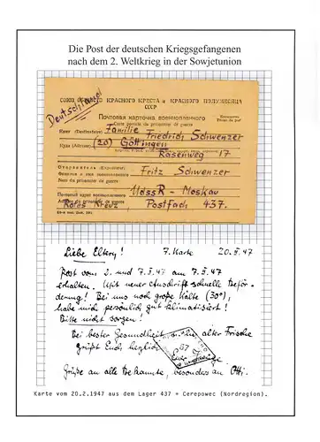 Poste de prisonniers de guerre camp 437 Tcherepovets URSS après Göttingen du 20.2.1947