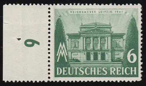 765 Leipziger Messe 6 Pf Randstück PLF Fleck hinter 1941, Feld 20, gefaltet **