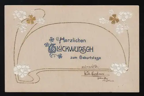 goldene + weiße Blüten goldene Linien, Glückwunsch Geburtstag, Bingen 19.9.1906