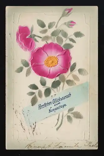 rosa Rosen Blüten gelb gefüllt Glückwunsch zum Namenstage, Moskau 17.2.1910