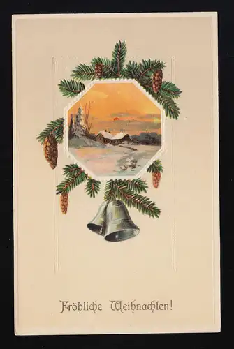 Ferme neige dans le rouge du soir, cloches rizières Joyeux Noël! inutilisé