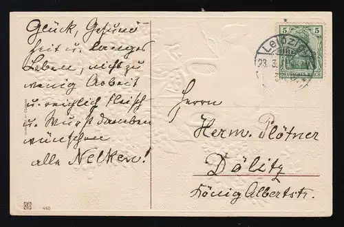 Ein Krug voll lilafarbenem Flieder, Glückwunsch Geburtstag, Leipzig 23.3.1911
