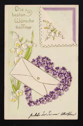 Brief Maiglöckchen Veilchen Herz, besten Wünsche Geburtstag, Flensburg 8.7.1906