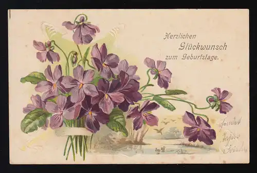Autruche Veilchen avant Lacs paysage, Félicitations anniversaire Kottmarsdorf 6.4.1906