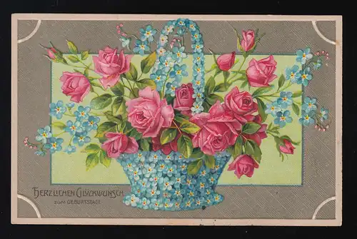 Panier de N'oubliez pas + Roses roses, Félicitations à Berlin 13.12.1910