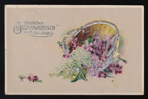 Weidenkorb mit Blüten, Silber, Glückwunsch Geburtstag, Halle (Saale) 8.1.1917