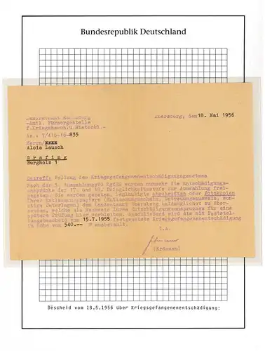 Poste de prisonniers de guerre Service d'assistance Ebersberg Décision Indemnisation 18.5.1956