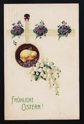 Küken auf Veilchen Sträuße Maiglöckchen, Fröhliche Ostern!, Hannover 4.4.1918