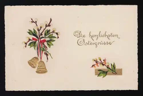 Goldene Glöckchen Weidenkätzchen + Band in Reichsfarben Ostergrüsse, ungebraucht
