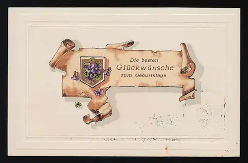 Stilisiertes Pergament Veilchen Wappen Glückwünsche Geburtstag, Berlin 4.11.1916