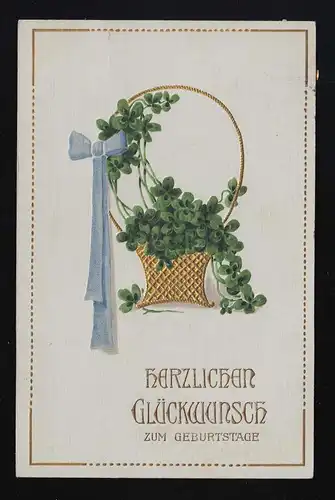 Korb Gold, Kleeblätter blaue Schleife, Glückwunsch Geburtstag Göppingen 8.2.1910