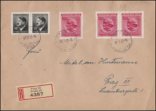 Böhmen und Mähren: 3mal 129 Wagner + 2mal 89 MiF R-Brief Prag/Praha 36 - 18.6.43