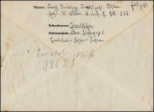 Lettre postale de terrain BS Bataillon de remplacement d'infanterie 352 de Jarothin selon les femmes