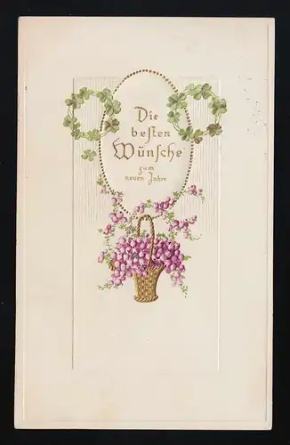 Korb violette Blüten Klee Kränze, Wünsche Neujahr, S.B.J.R. 162, gel. 31.12.1914
