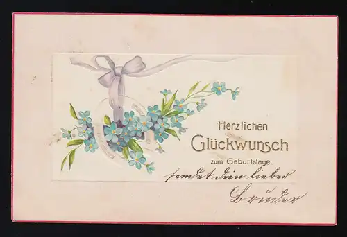 Vergissmeinnicht Hufeisen lila Schleife Glückwunsch Geburtstag Burgdorf 8.9.1905